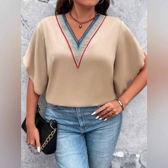 Plus Size V-Neck Flutter Sleeve Blouse - Picture 1 of 6